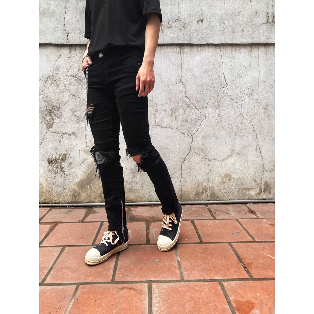QUẦN BIKERJEANS RÁCH GỐI MÀU ĐEN GỐI XÁM