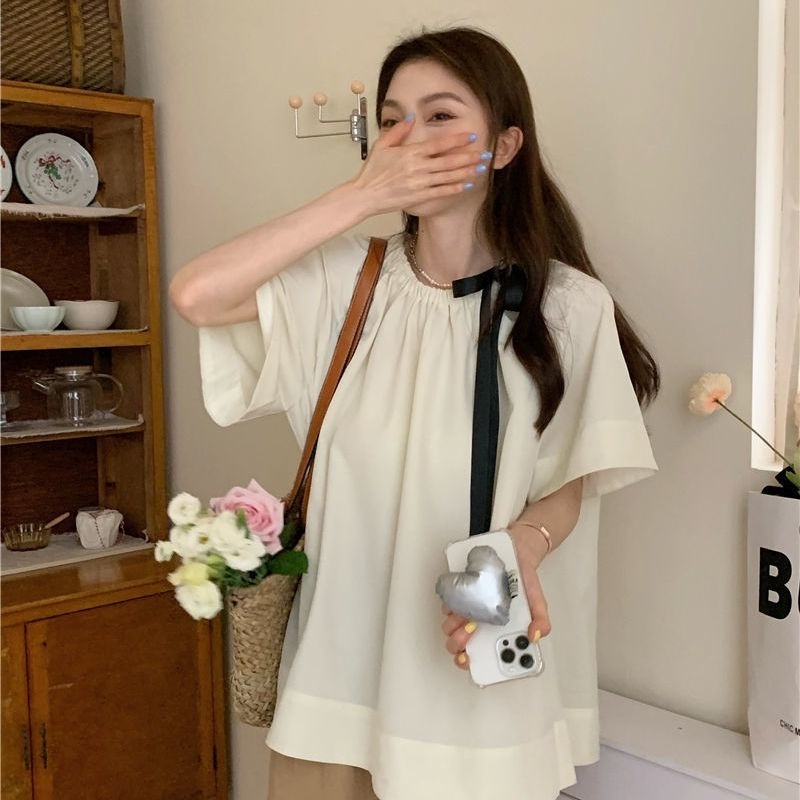 Áo Sơ Mi Tay Ngắn Dáng Rộng Phối Dây Buộc Kiểu Pháp Thời Trang Mùa Hè Xinh Xắn Cho Nữ