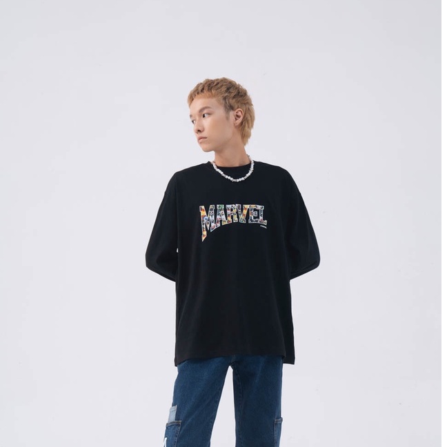 Áo Thun Dài Tay BOO Unisex Dáng Rộng Vải Cotton In Logo Chibi Marvel BZL