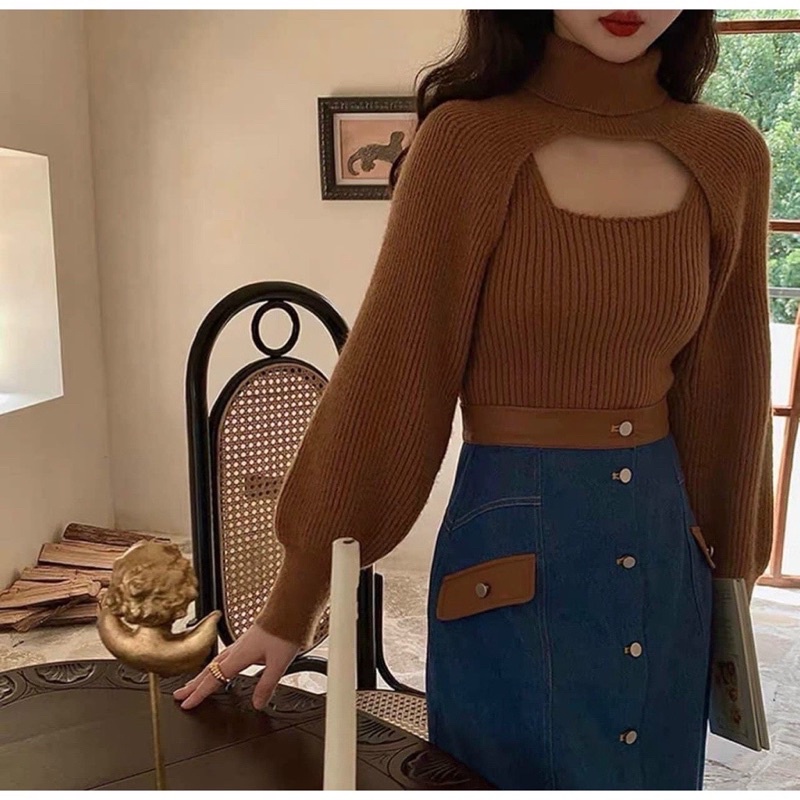 Set Áo Thun Tăm Cổ Lọ Khoét Ngực Nữ  🌸 Áo kiểu kèm ba lỗ bánh bèo tiểu thư Ulzzang 🌸