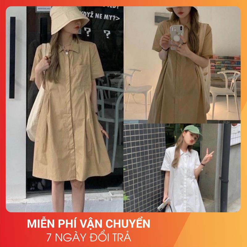 Đầm Sơ Mi Thô Hàn 24AP Nữ [FREESHIP] Váy suông dáng rộng tay lỡ, thiết kế viền eo màu TRẮNG | BE cá tính Ulzzang