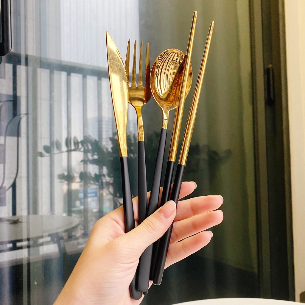 Bộ thìa đũa muỗng dĩa inox 304 mạ vàng cán dài cao cấp - VS169