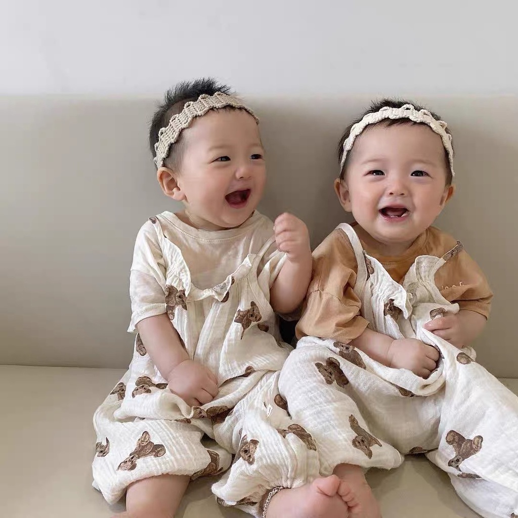 Bộ Áo Liền Quần Tam Giác Bằng Cotton In Họa Tiết Gấu Hoạt Hình + 1 Cái Nón Dễ Thương Dành Cho Bé Sơ Sinh