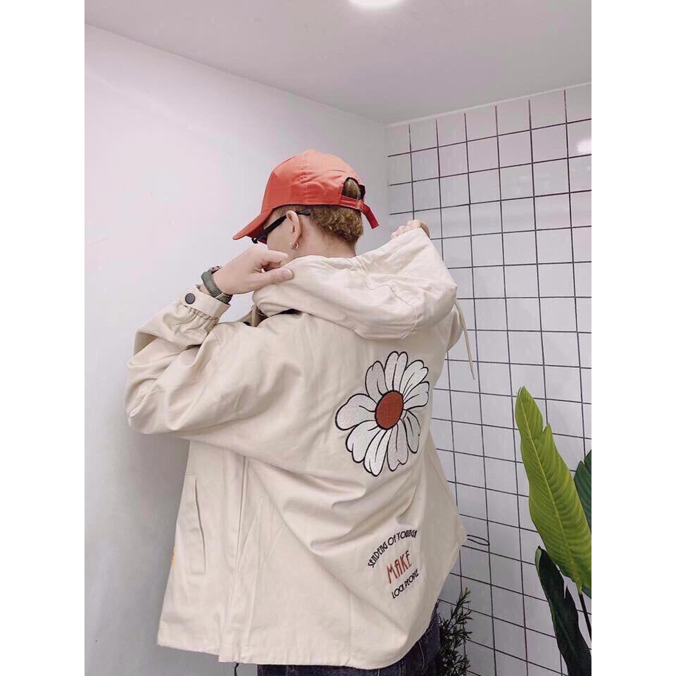 Jacket Hoodies Kaki Hoa Cúc Cam