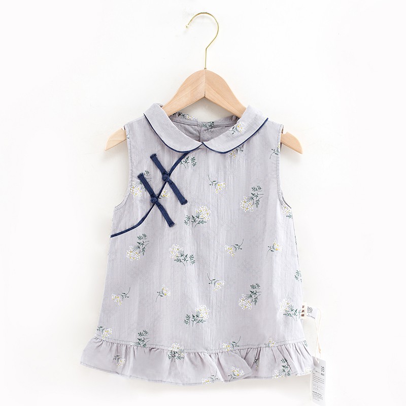 Sườn xám vải cotton trơn chống thấm nước phong cách retro thời trang mùa hè cho bé gái