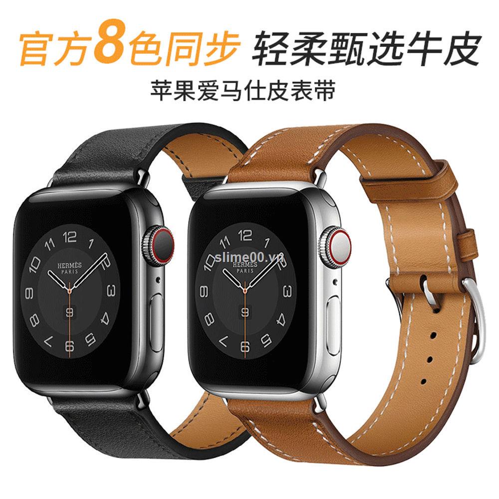 Dây đeo thay thế bằng da in họa tiết HERMES thời trang thích hợp cho đồng hồ thông minh Apple Watch 6 5/4/3 SE