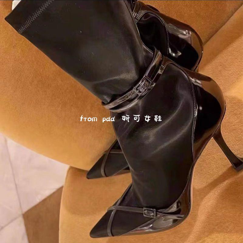 Giày Bốt Cao Gót Da Bóng Mỏng Mũi Nhọn Đính Nơ Kiểu Retro Thời Trang Mùa Đông 2022