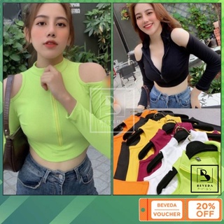 Áo kiểu nữ tay dài khóa kéo hở vai cổ trụ dáng croptop