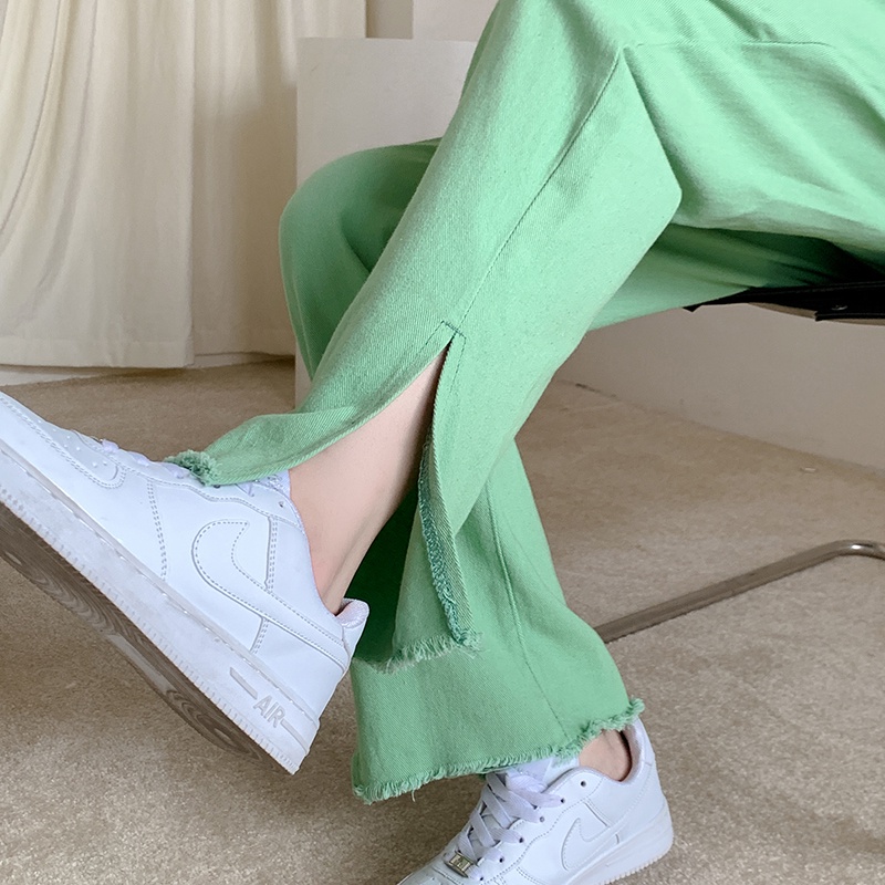 Quần Jean Dài Lưng Cao Dáng Rộng Xẻ Tà Màu Xanh Lá Nhạt Thời Trang Đường Phố Hợp Thời Trang Cho Nữ