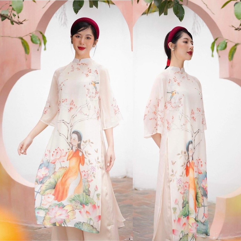 Áo dài lụa hoa sen Hồng Liên AD006 by Mộc