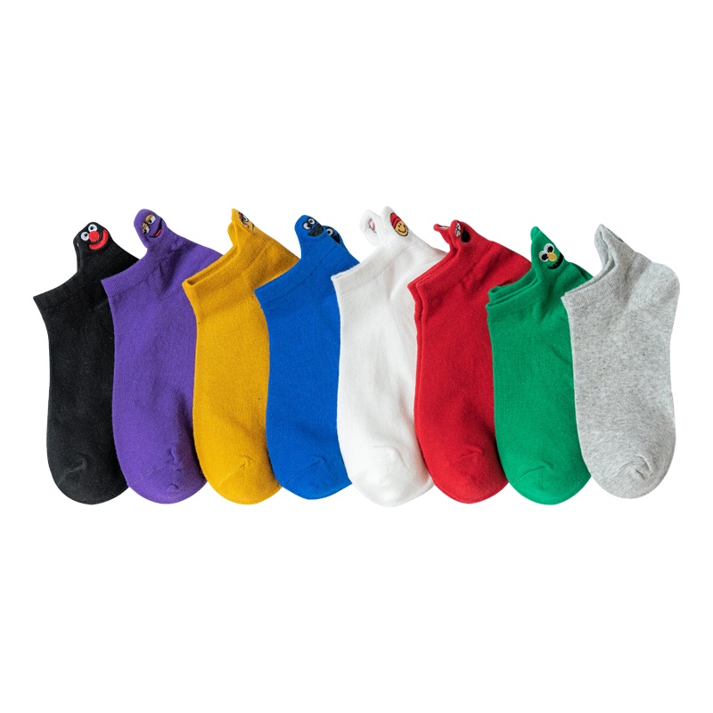 Vớ WAFNHA D259 cotton cổ thấp thêu họa tiết biểu tượng cảm xúc hoạt hình đáng yêu cho nữ