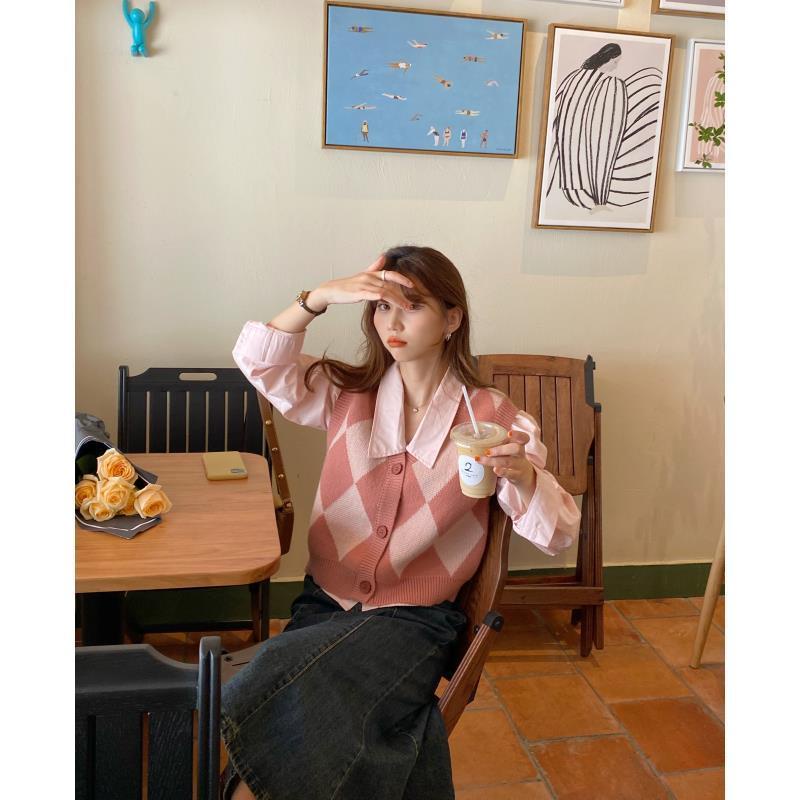 Set áo khoác len không tay và áo sơ mi tay dài thời trang dành cho nữ