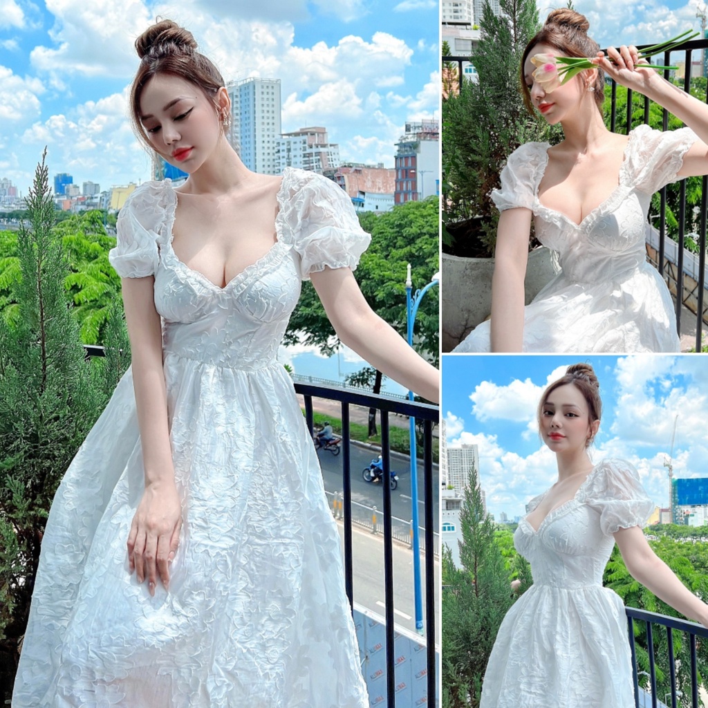Đầm trắng hở ngực dự tiệc in hoa nổi tay ngắn dáng midi vải voan hoa mặc đi tiệc, mặc đi chơi, đi chụp hình TaNa D0516