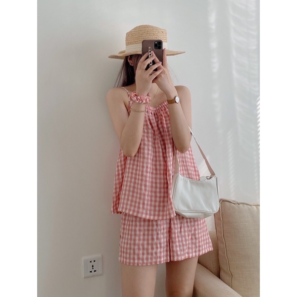 Đồ bộ nữ 2 dây kẻ mặc ở nhà có sẵn