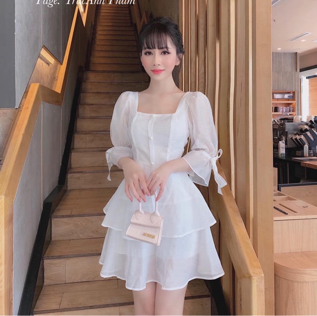 Đầm dự tiệc xoè voan tầng tay nơ