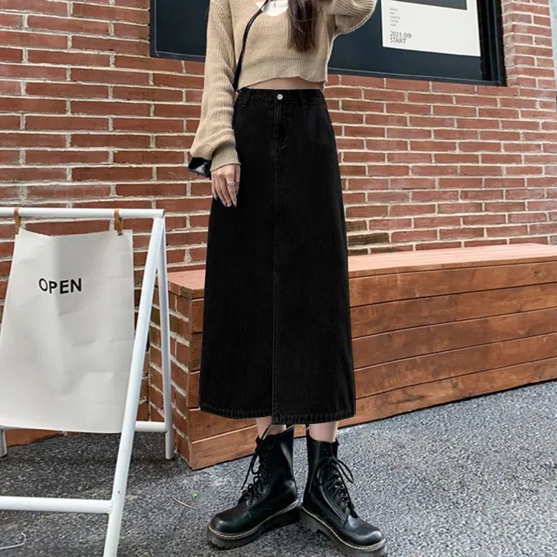 Chân váy jean Dài Dáng Chữ A Lưng Cao Màu Đen Xẻ Tà Thời Trang Mùa Thu Cho Nữ
