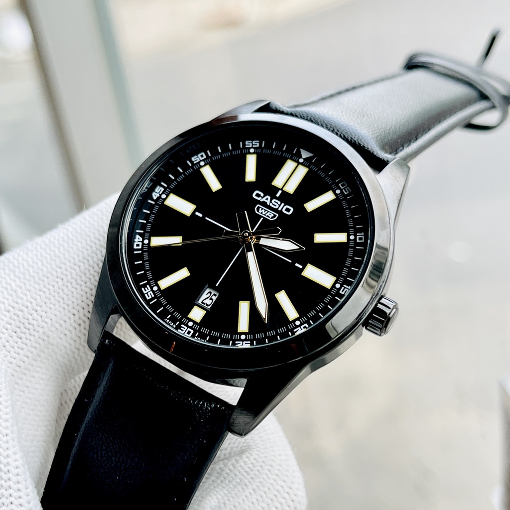 Đồng hồ nam dây da thời trang Casio MTP VD02BL-1E mặt đen - Size 41 Kim dạ quang Bảo hành 1 năm Hyma watch