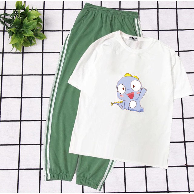Sét Bộ Quần Áo Nữ Mặc Đi Chơi, Ở Nhà, Áo Thun Phông Cotton Organic In Khủng Long Cười Kèm Quần Thun Sọc Bo Chun Gấu
