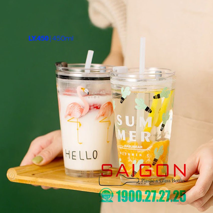 Ly Thủy Tinh Chia Vạch Có in hình Ngộ nghĩnh | Kèm Nắp Nhựa Ngăn Tràn