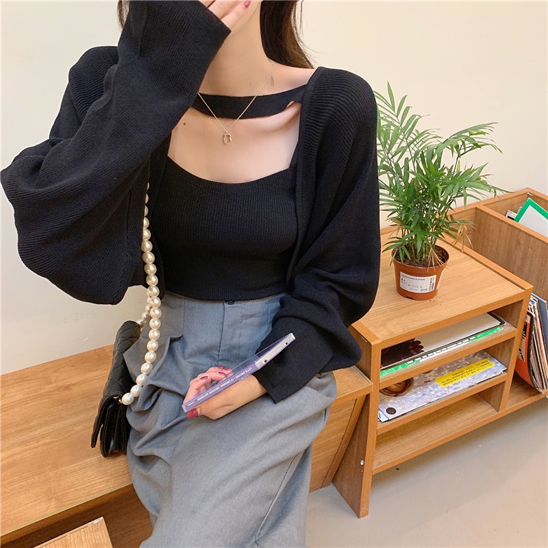SUXI  Bộ áo kiểu tanktop + áo khoác cardigan tay dài dệt kim phong cách Hàn Quốc thời trang