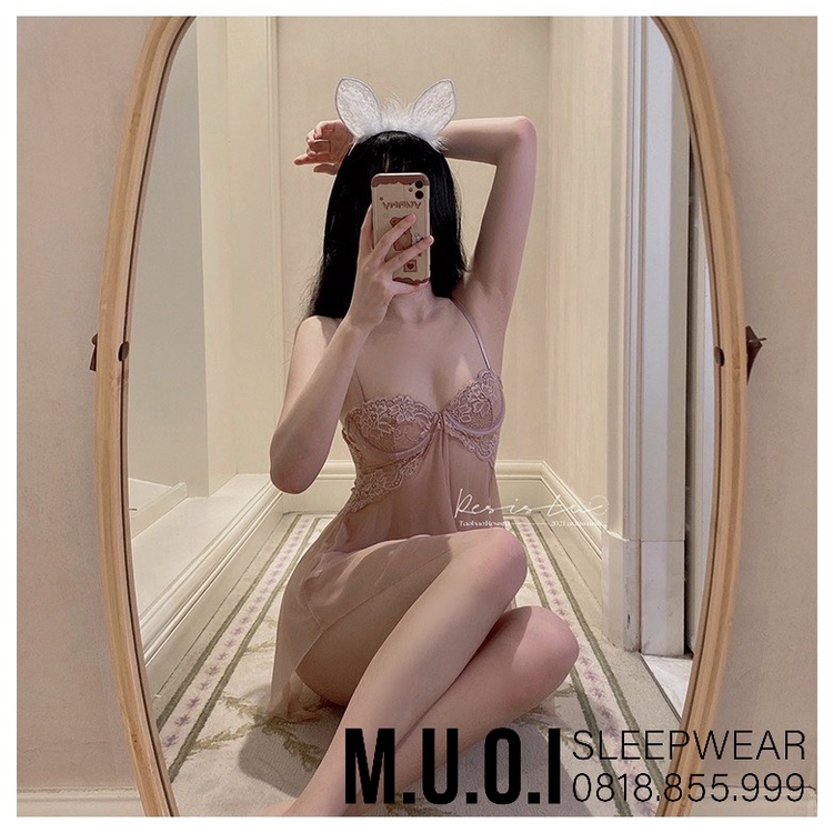 Váy ngủ sexy Quảng Châu[FREESHIP]-Sx 64 Váy ngủ xuyên thấu cup ngang tôn dáng ngực QCCC Muối Sleepwear-sẵn