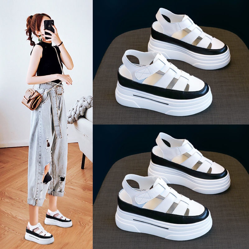 🎀COOL A Xăng đan Thể Thao Đế Dày Hở Mũi Màu Trắng Thời Trang Mùa Hè Hàng Mới Dành Cho Bạn Nữ Thi thể thao Baoto nữ San bằng rỗng Roman Gót chân Sàn dày