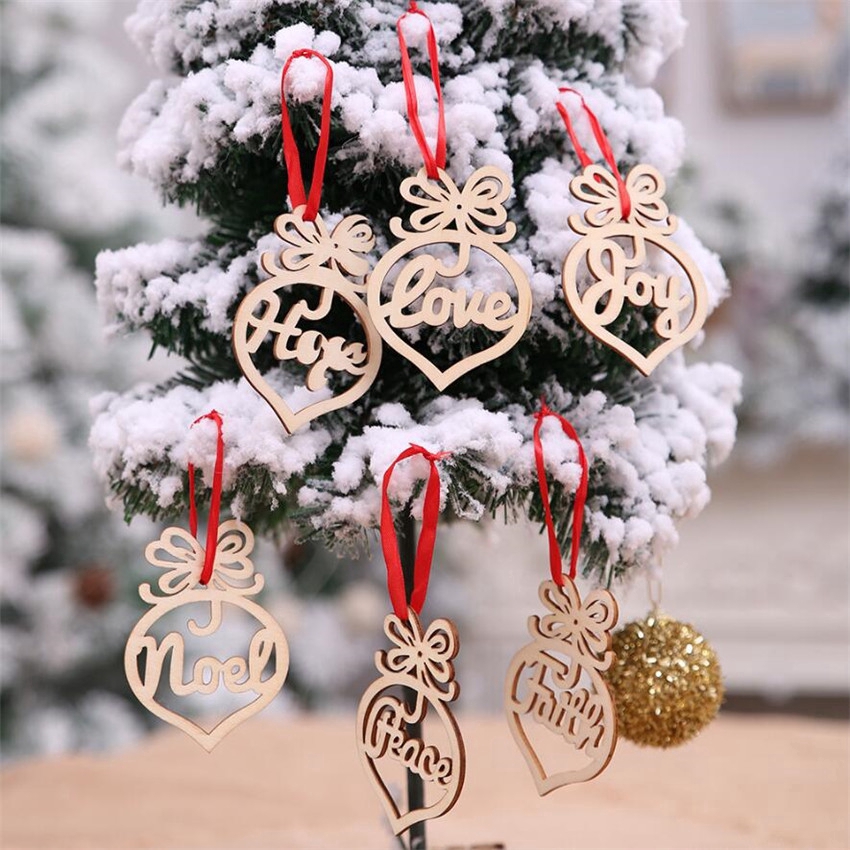 6Pcs Merry Christmas Decorations Wooden Hollow Ornament Christmas Tree Hanging Pendant Decoration