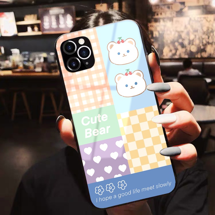 Ốp Iphone lưng kính Cute Bear cherry ốp lưng iphone 13promax 11 promax 12 pro max 6 6plus 7 plus 8splus x xr xsmax