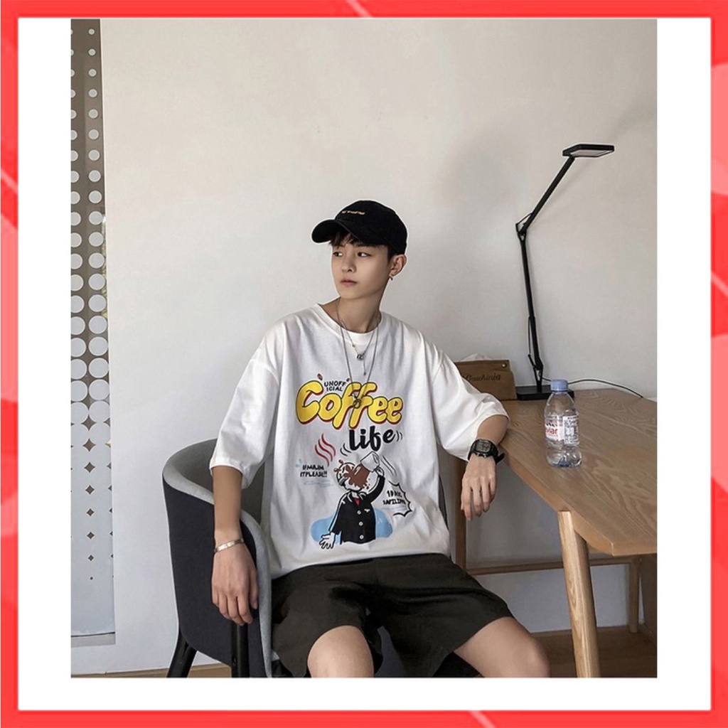 Áo thun phông nam form rộng Familylove - Mẫu áo thun nam tay lỡ Coffee Life chất Cotton 100% cao cấp
