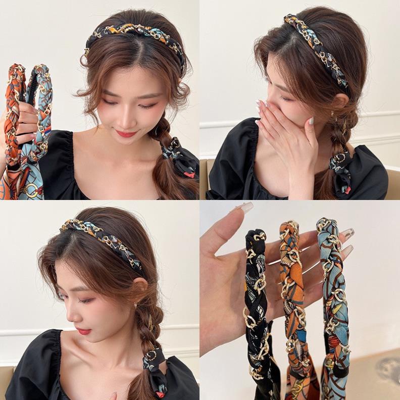 Bờm Cài Tóc Nữ Tết Dây Lụa Hoạ Tiết Siêu Xinh