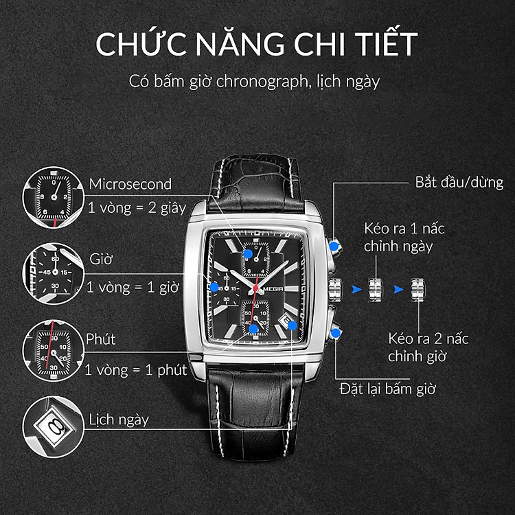 Đồng hồ nam MEGIR MG01 dây da chống nước cao cấp 6 kim có lịch mặt vuông chống xước | BigBuy360 - bigbuy360.vn
