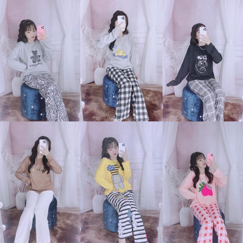 BỘ NGỦ THUN DÀI TAY , ĐỒ BỘ THUN COTTON TAY DÀI, PIJAMA MẶC NHÀ HOẠT HÌNH DỄ THƯƠNG