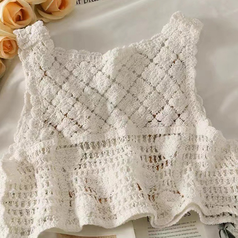Áo Croptop Dệt Kim Không Tay Thêu Hoa Cúc Phong Cách Pháp Cổ Điển Dành Cho Nữ