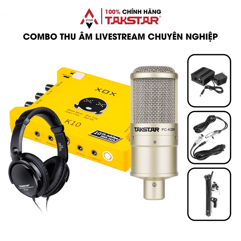 Bộ Combo Mic Thu Âm Livestream Hát Karaoke Sound Card XOX K10, Mic Takstar PC-K200, Tai Nghe Takstar HD 2000 & Phụ Kiện