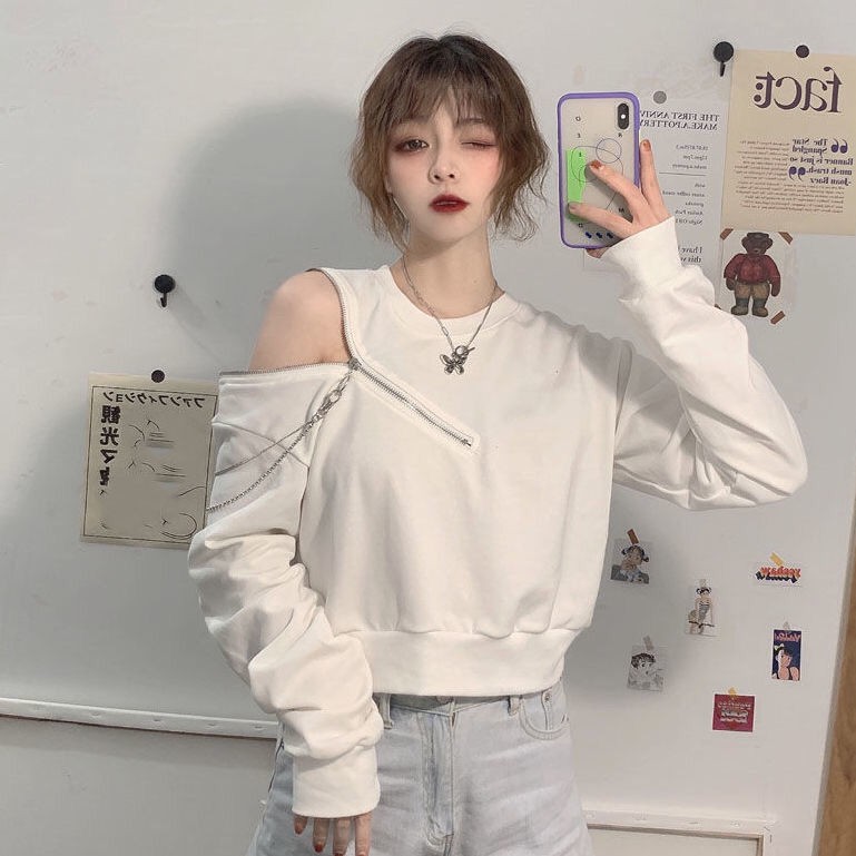 Áo Sweater Trễ Vai Cổ Tròn Tay Dài Dáng Rộng Màu Đen Phong Cách Hàn Quốc Thời Trang Xuân Thu Cho Nữ 2021