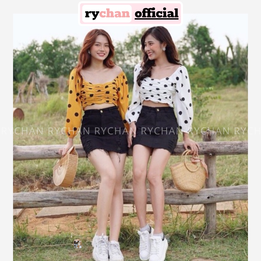 CR827 - Áo Croptop Bi Nhún Tay Phồng Nhiều Màu Kèm Hình Thật