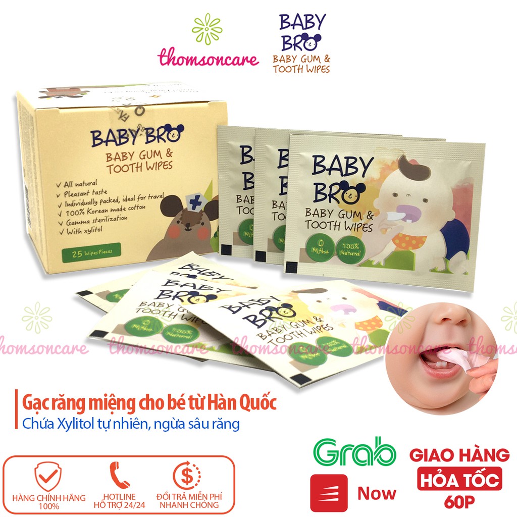 Gạc răng miệng Baby Bro từ Hàn Quốc hộp 25 gói có Xylitol rơ lưỡi, vệ sinh lau răng cho trẻ từ sơ sinh