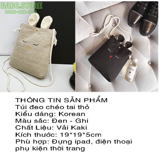 Túi đeo chéo tote tai thỏ, Túi đeo chéo nữ thời trang hàn quốc chất vải kaki giá rẻ, đẹp, tiện lợi. Babo.store