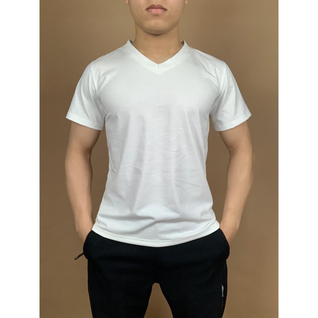 Áo thun nam trơn cổ tim vải Cotton, Áo phông nam trơn đen trắng cổ tim cộc tay cottong Xịn