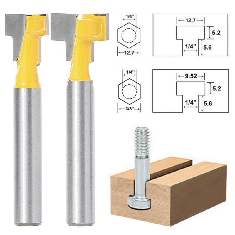 Set 2 Mũi Phay Router Hình Chữ T Chuôi Vàng 1 / 4 &quot;Chuôi Lục Giác Cho 3 / 8 '' &amp; 1 / 2 ''