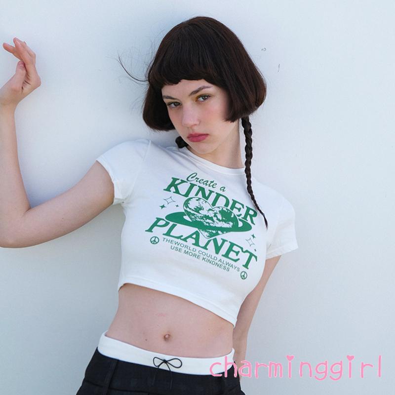 Áo Thun Crop Top Tay Ngắn Cổ Tròn In Họa Tiết Trái Tim Thời Trang Đường Phố Cho Nữ