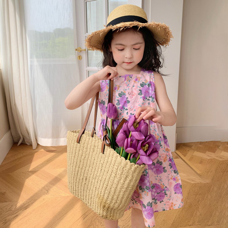 Đầm Cổ Vuông In Họa Tiết Phong Cách Hàn Quốc Thời Trang Mùa Hè Xinh Xắn Cho Bé Gái