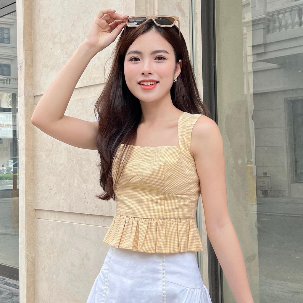 RECHIC Áo kiểu Celina hoạ tiết caro thiết kế hai dây bảng to có chiết eo trẻ trung năng động