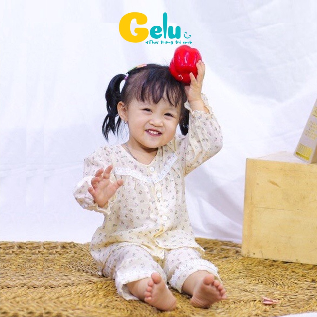 Bộ thu đông cho bé Gelu Kids, đồ ngủ mùa thu hoa nhí chất linen cổ viền ren cho bé gái-GLB003