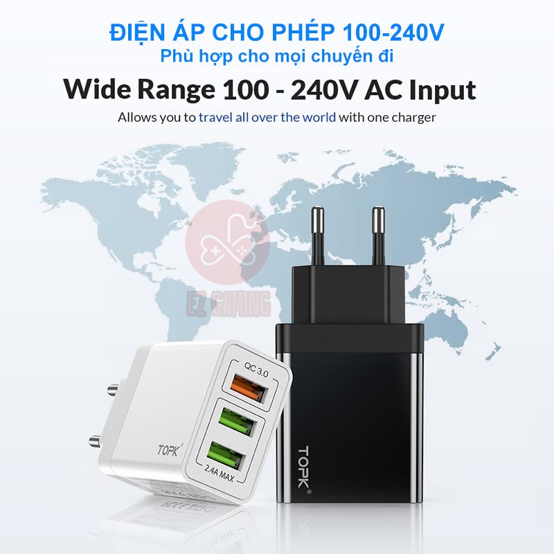 [Free ship] Củ Sạc Nhanh TOPK QC 3.0 (Quick Charge 3.0) - 3 Cổng USB - Tiêu Chuẩn Châu Âu