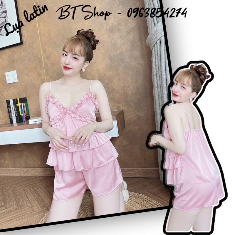 Đồ ngủ mặc nhà lụa latin màu trơn 2 dây quần đùi freesize 42-57kg