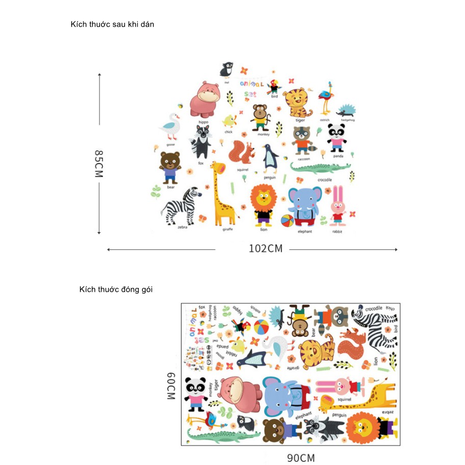 Decal dán tường Thú tiếng anh cho bé đáng yêu
