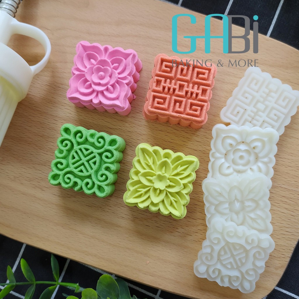 Khuôn nhấn trung thu lò xo 4 mặt vuông 50g A03