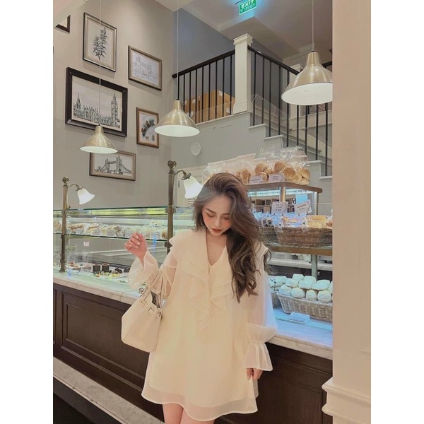 Đầm tơ hai lớp dáng babydoll, Váy tơ tay dài bánh bèo tiểu thư
