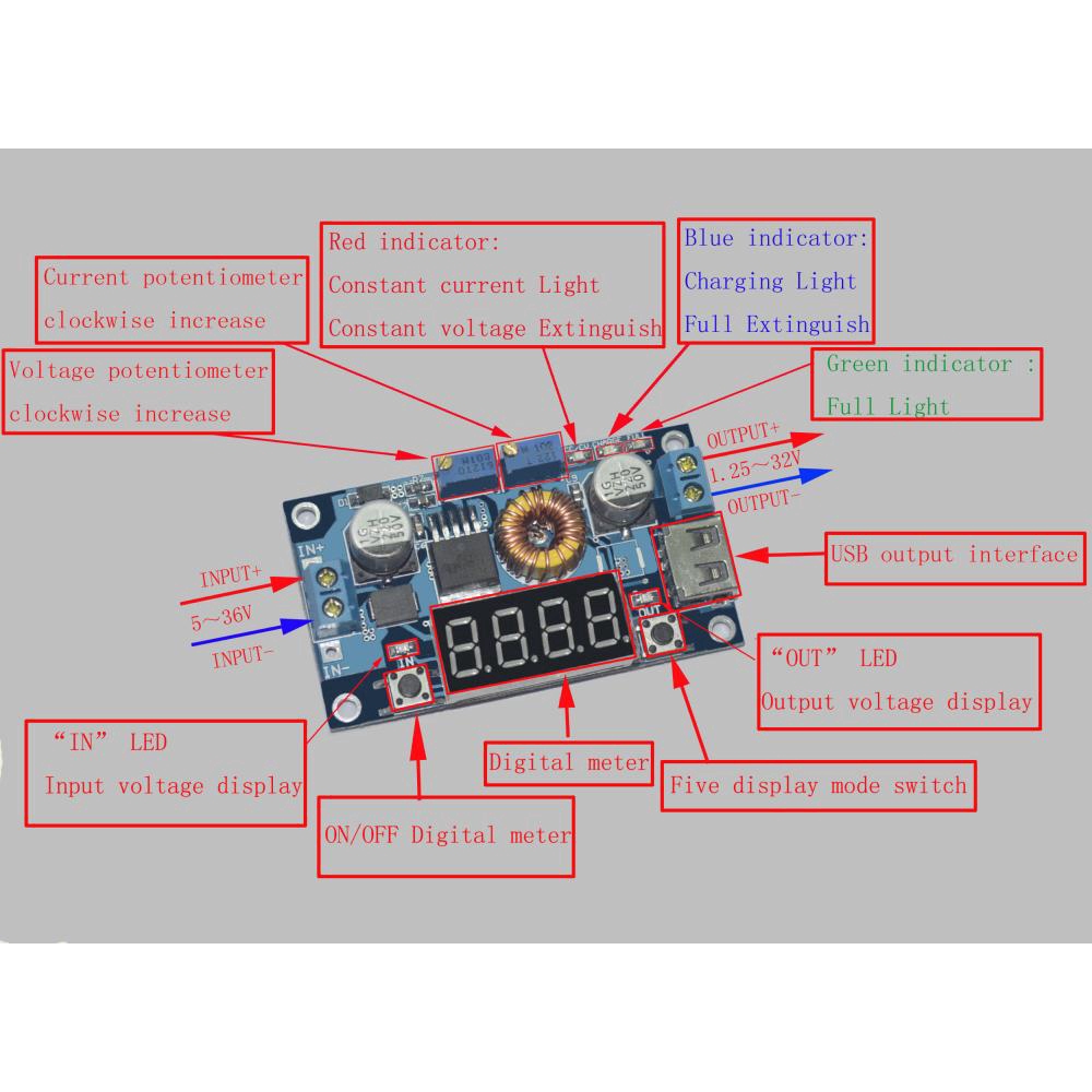 Mô-đun sạc giảm áp DC-DC CC/CV 5A có màn hình LED kỹ thuật số hỗ trợ đo dòng điện và điện áp